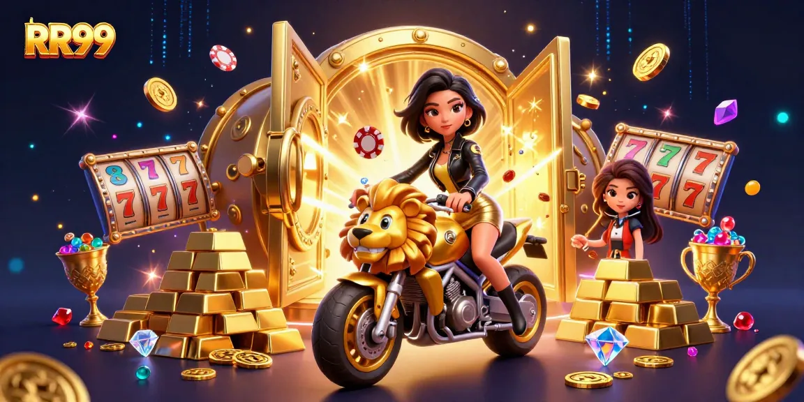 Engage in thrilling plays at RR99 with a glamorous Asian character riding a golden lion amidst sparkling casino treasures.