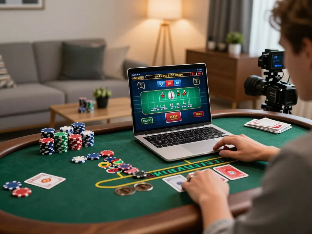 Player strategizing on nhà cái nk88 platform with laptop and live dealer game.