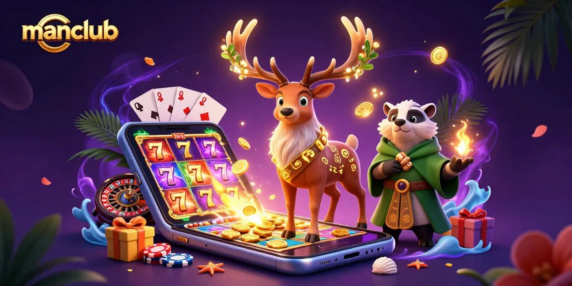 Experience thrilling winnings at manclub with a vibrant slot game scene featuring our unique characters and gambling elements.