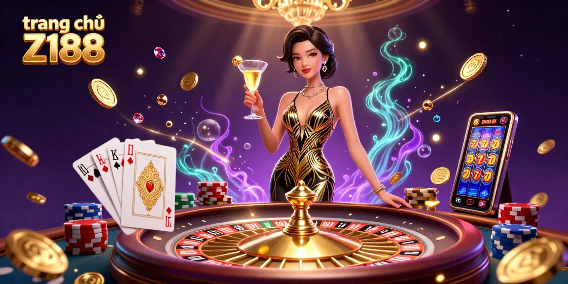 Experience the excitement of trang chủ Z188 with a glamorous casino scene featuring a sophisticated Asian woman and vibrant gaming elements.