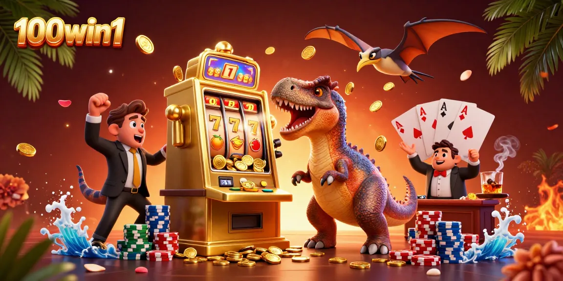Experience big wins with 100win1 as a 3D dinosaur interacts with vibrant casino elements in this dynamic scene.
