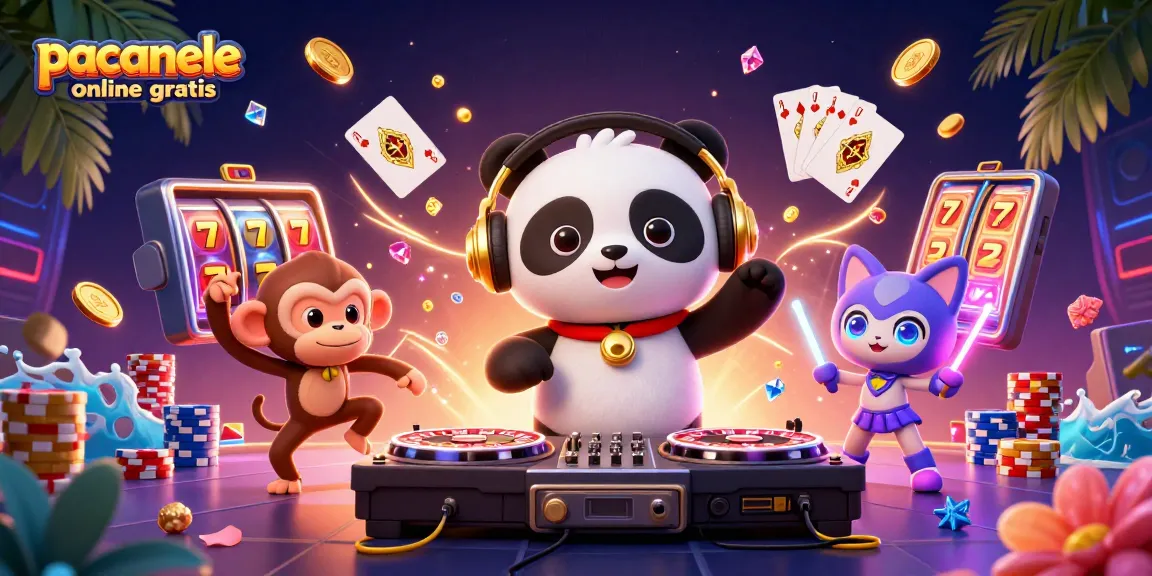 Joacă păcănele online gratis alături de DJ panda și moni fundă în această ilustrație vibrantă.