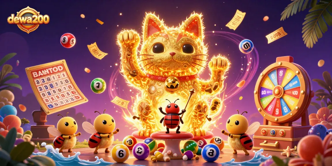 Mainkan dewa200 dengan gambar kucing keberuntungan yang dikelilingi bola lotere berwarna-warni.