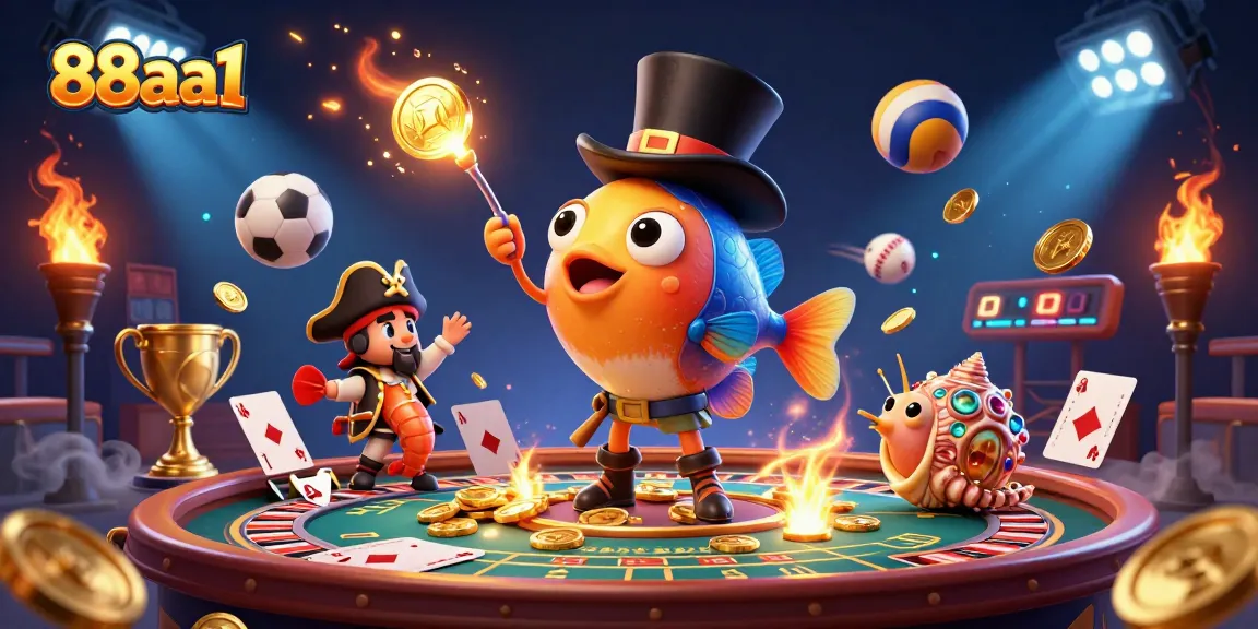 Bet on excitement with 88aa1, featuring an anglerfish, shrimp, and snail among vibrant casino elements.