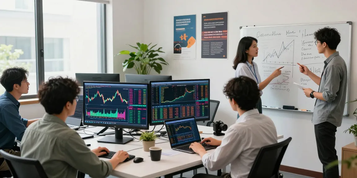 Tim trader kakakjudi berdiskusi strategi perdagangan di kantor modern.