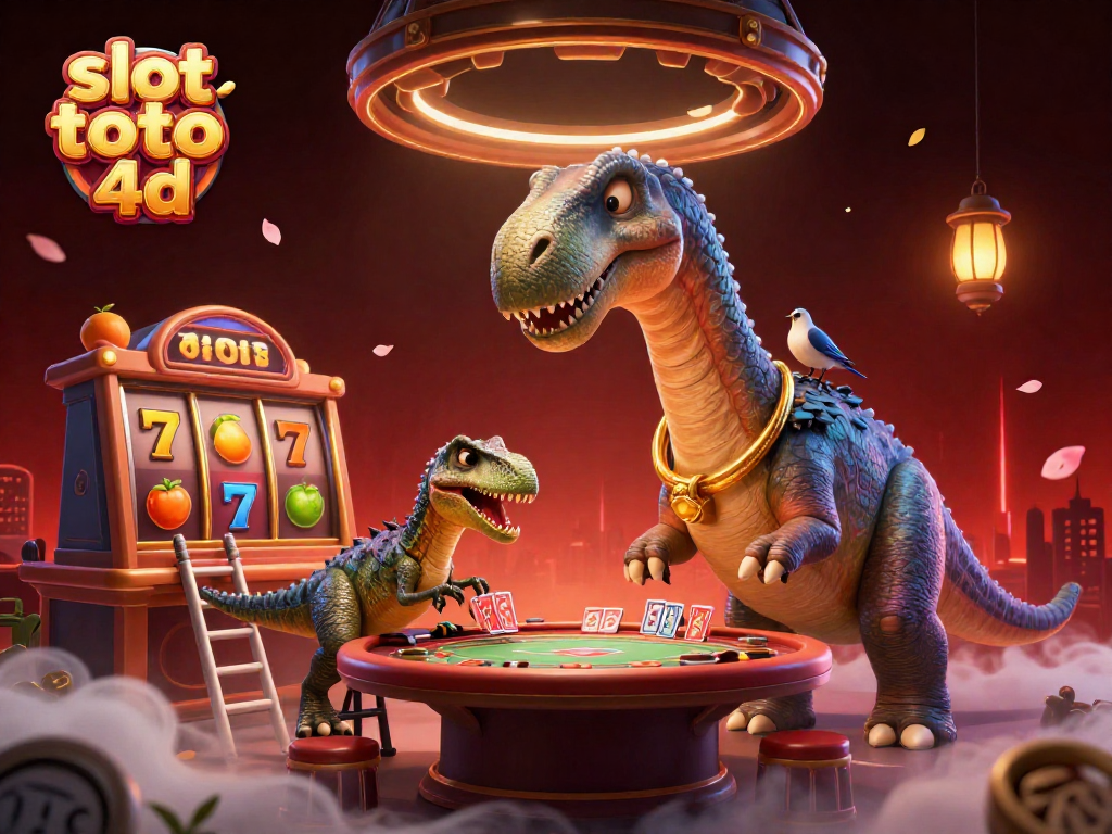 Experience the thrill of slot toto 4d with a dynamic casino scene featuring a towering brontosaurus.