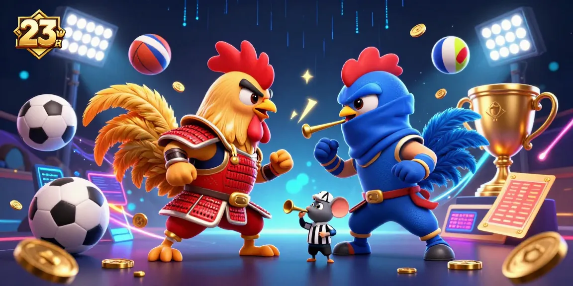 Experience the thrilling action at 23win with dynamic roosters in a lively casino atmosphere, capturing the excitement of gaming.