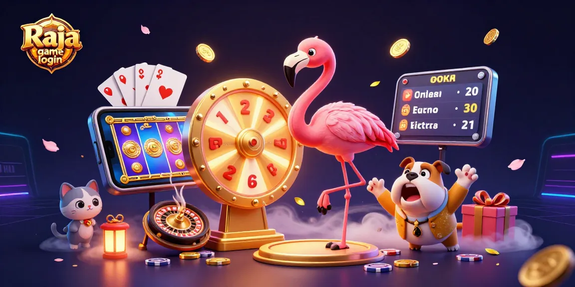 Win big at Raja game login with a vibrant illustration of a flamingo host, bulldog contestant, and exciting winnings.