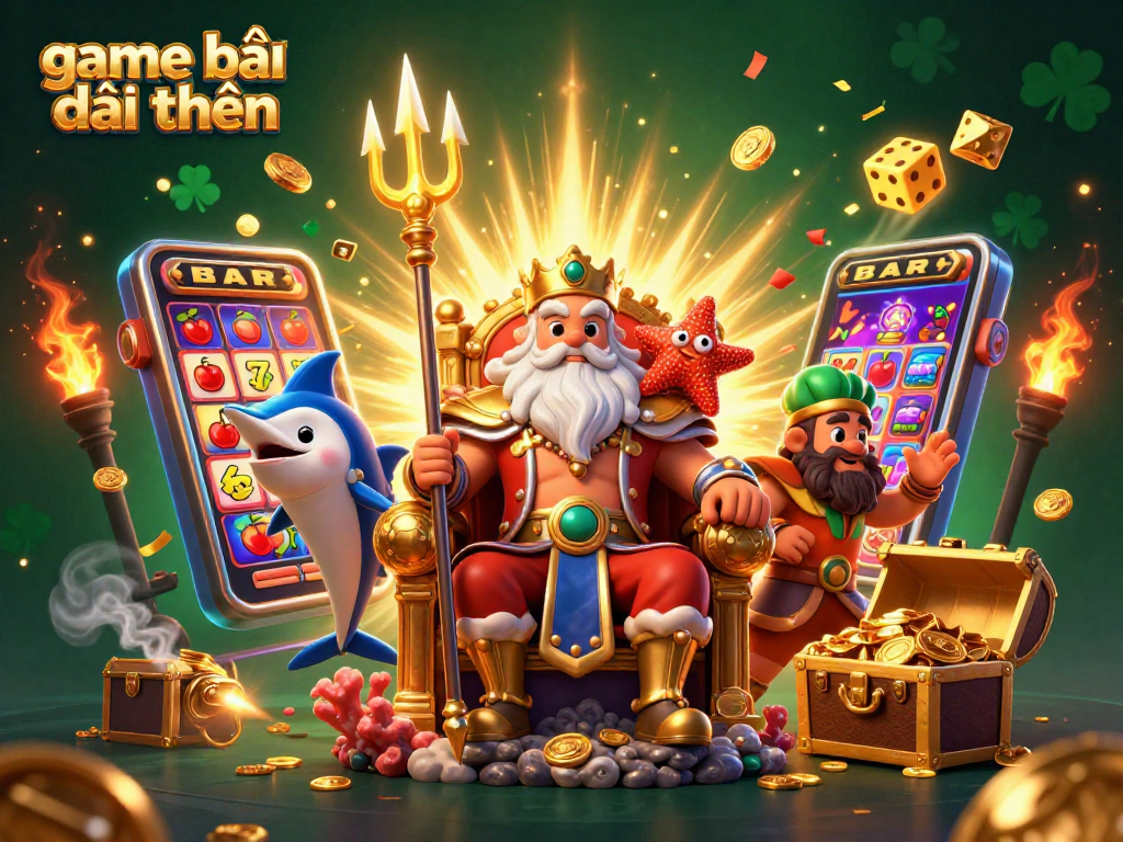 Experience thrilling game bài đổi thưởng with vibrant 3D illustration of Neptune, slots, and festive casino elements.