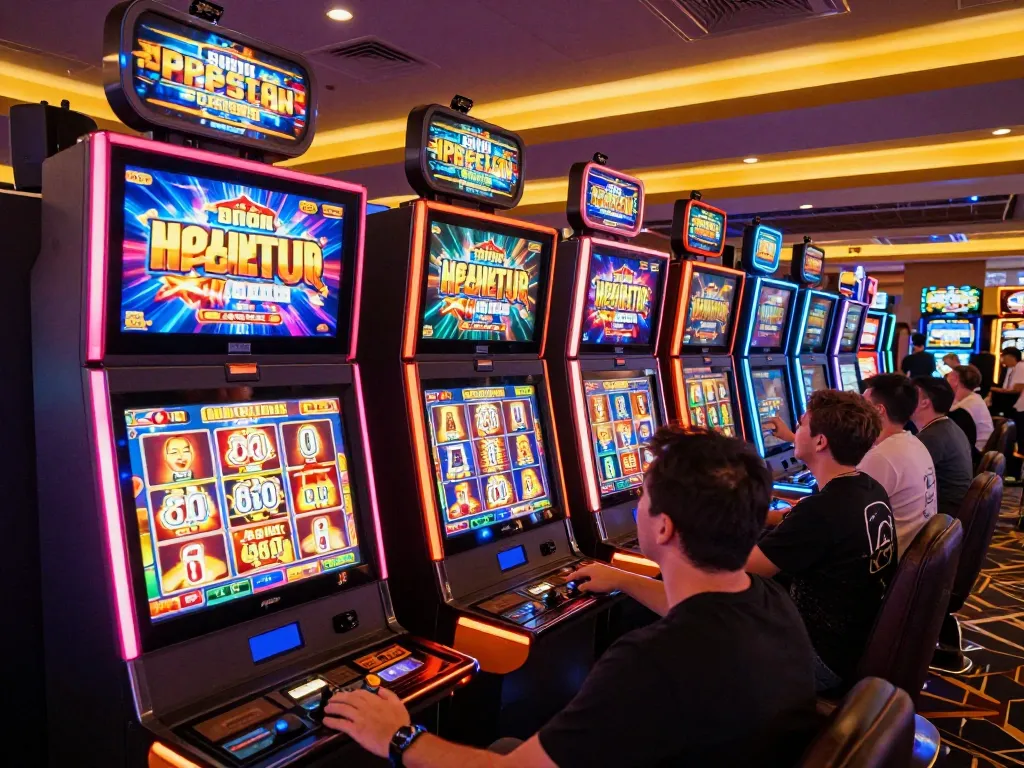 Sparking excitement at a situs slot area in a casino with players engaged in vibrant gaming.