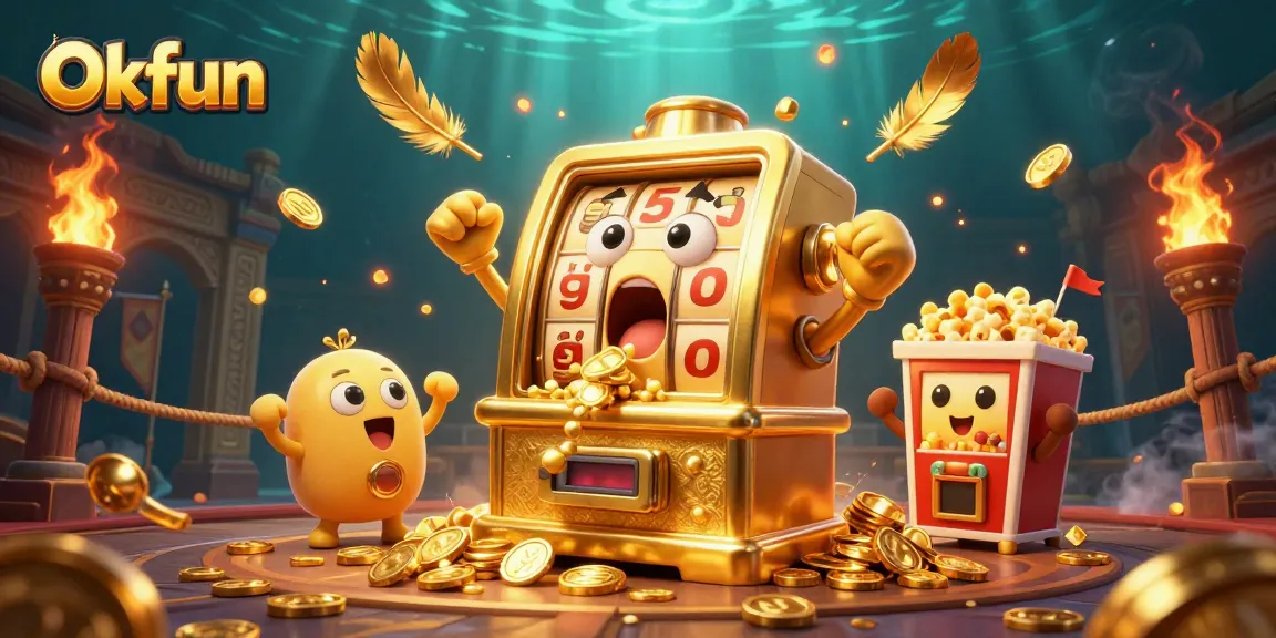 Experience Okfun's thrilling jackpot moments with vibrant golden slot machines and cheering elements.