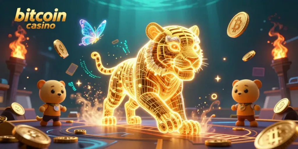 Experience the thrill of a bitcoin casino with 3D characters and casino elements in a vibrant digital landscape.