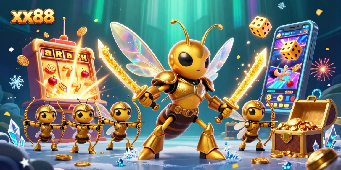Experience the excitement of xx88 with a vibrant casino-themed illustration featuring dynamic slot elements and characters.