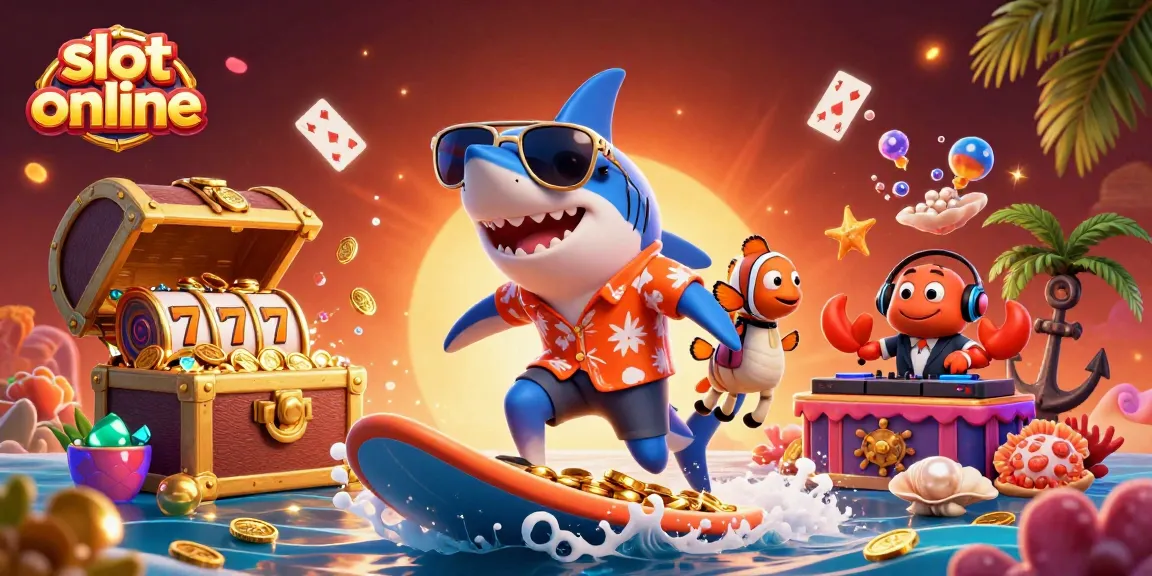 Experience thrilling slot online adventures with a shark and clownfish riding waves of gold coins.