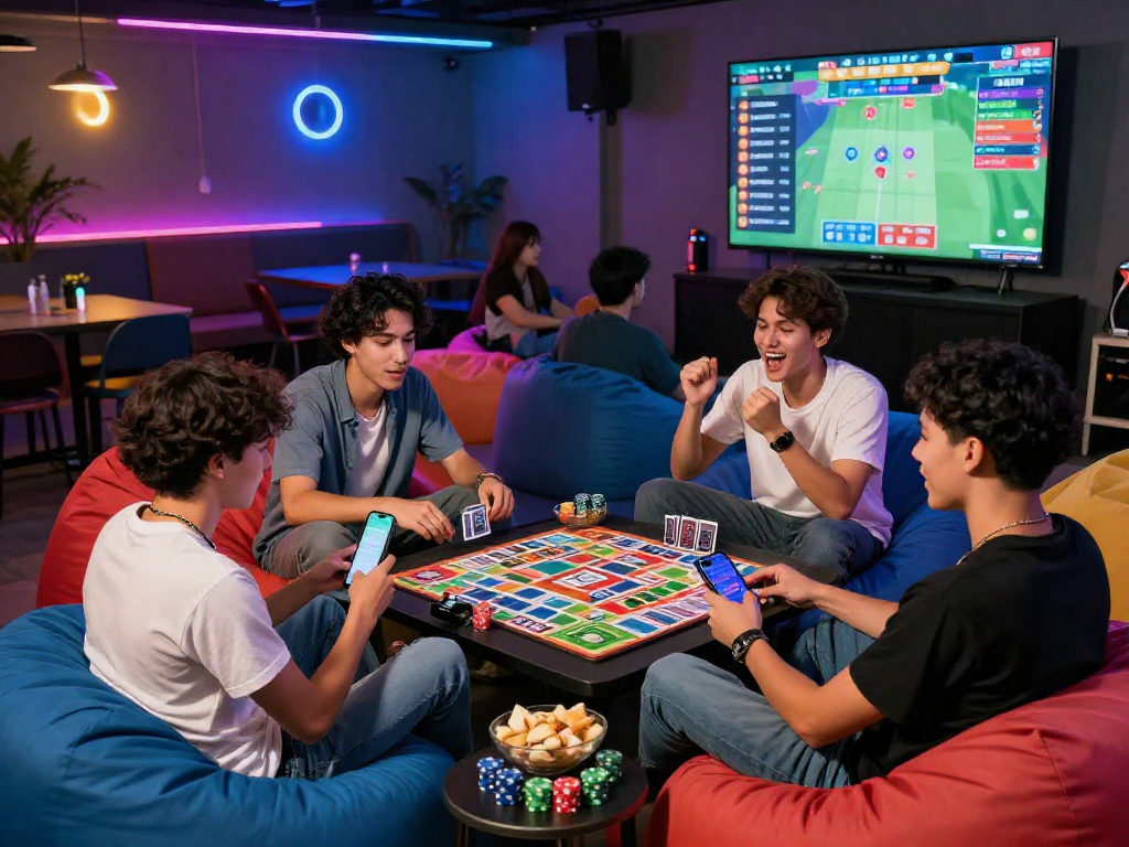 Indo Rummy players enjoying a competitive game in a lively lounge setting with snacks and excitement.