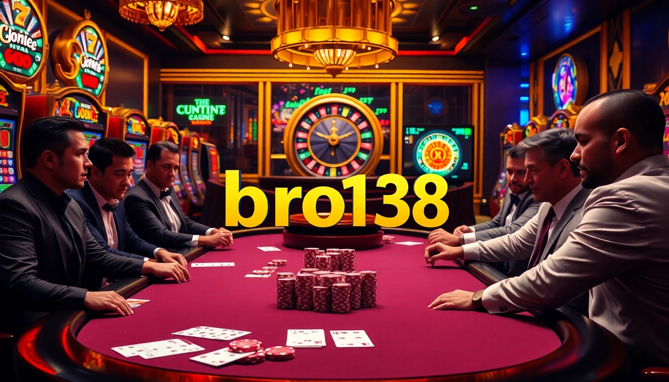 Experience the thrill of bro138 at a vibrant casino table with high-stakes poker and flashing slots.