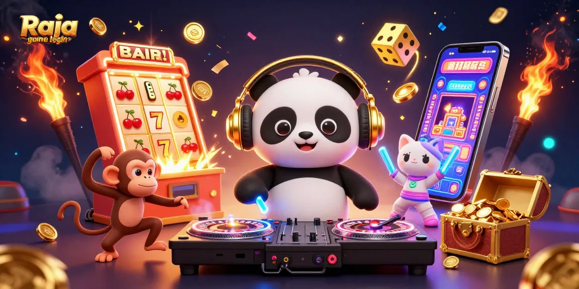 Experience thrilling gaming with Raja game login, featuring a DJ panda and vibrant casino elements.