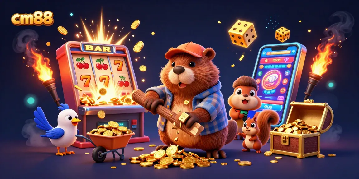 Experience the thrill of cm88 with a vibrant gaming scene featuring animated characters collecting golden coins.