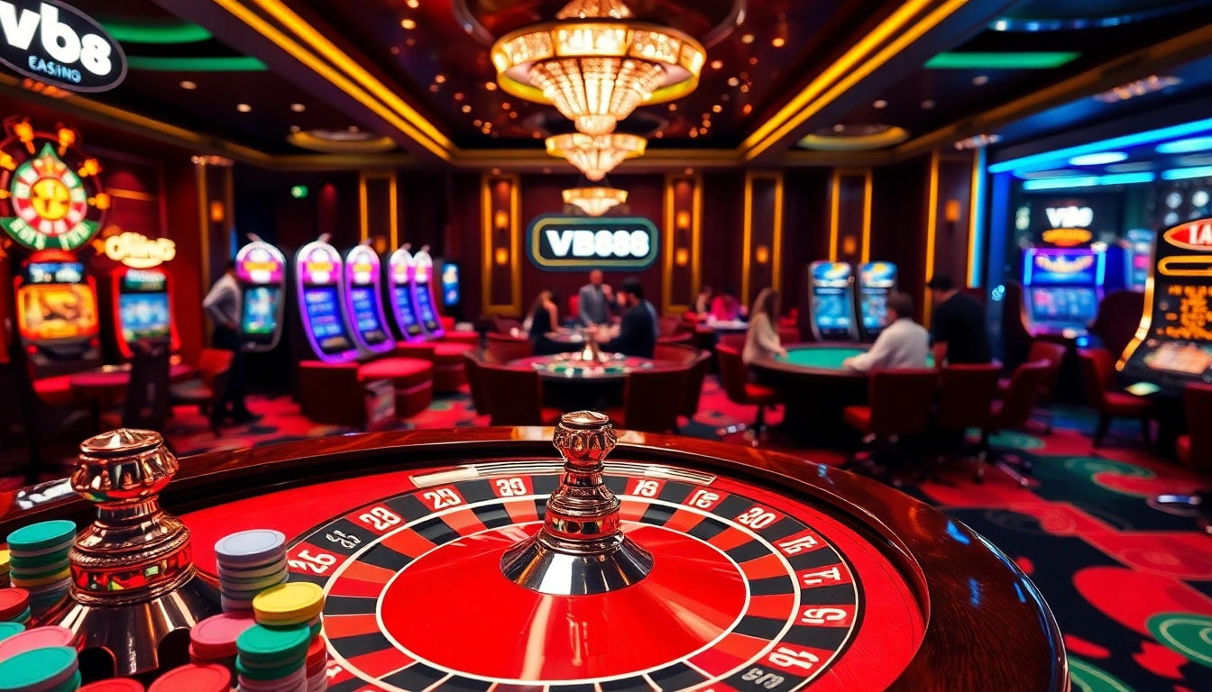 Players enjoying a thrilling casino experience with VB88-themed roulette wheel and slot machines.
