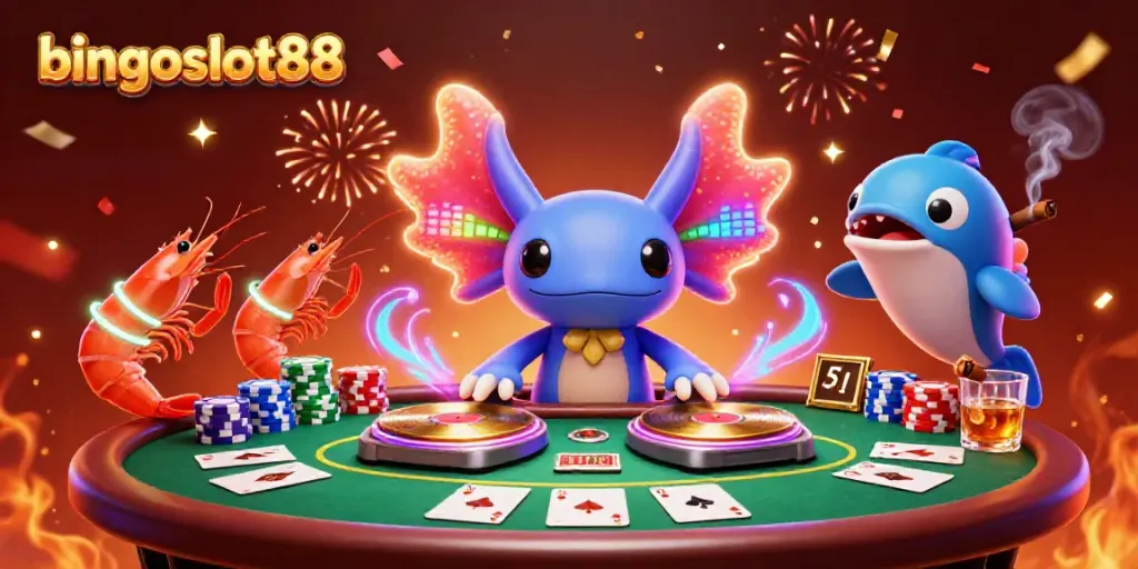 Rasakan keseruan bingoslot88 dalam ilustrasi 3D dengan DJ Axolotl dan suasana perjudian yang ceria.