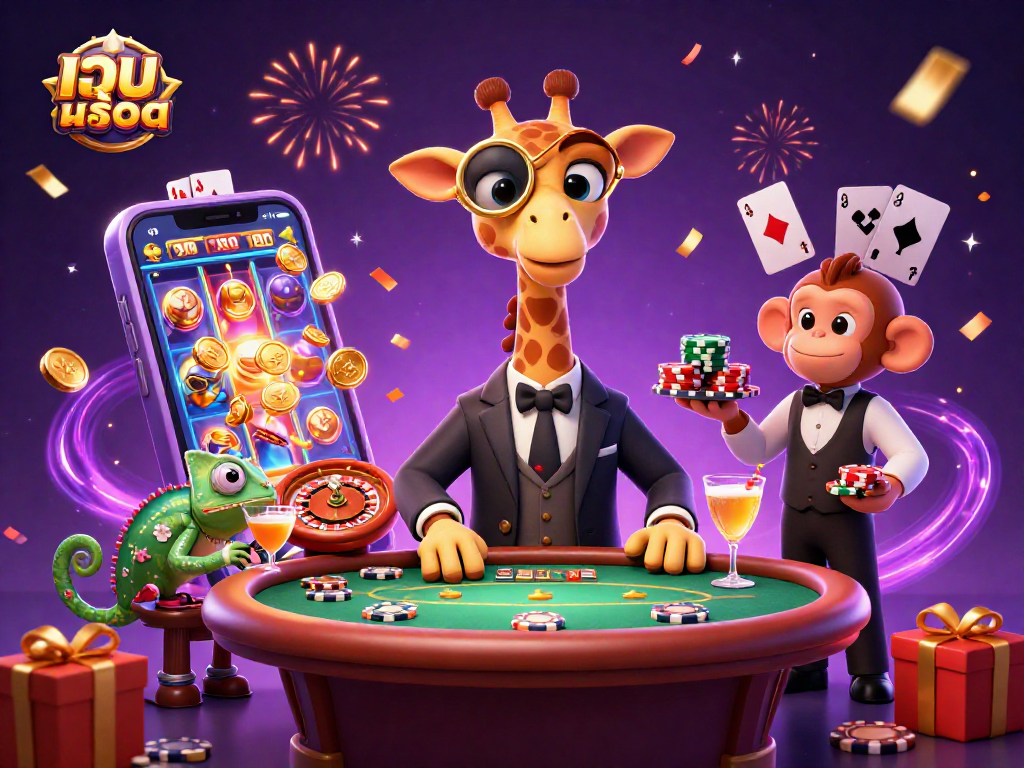 Win big with เว็บสล็อต's thrilling games featuring a high-roller giraffe and exciting casino elements.