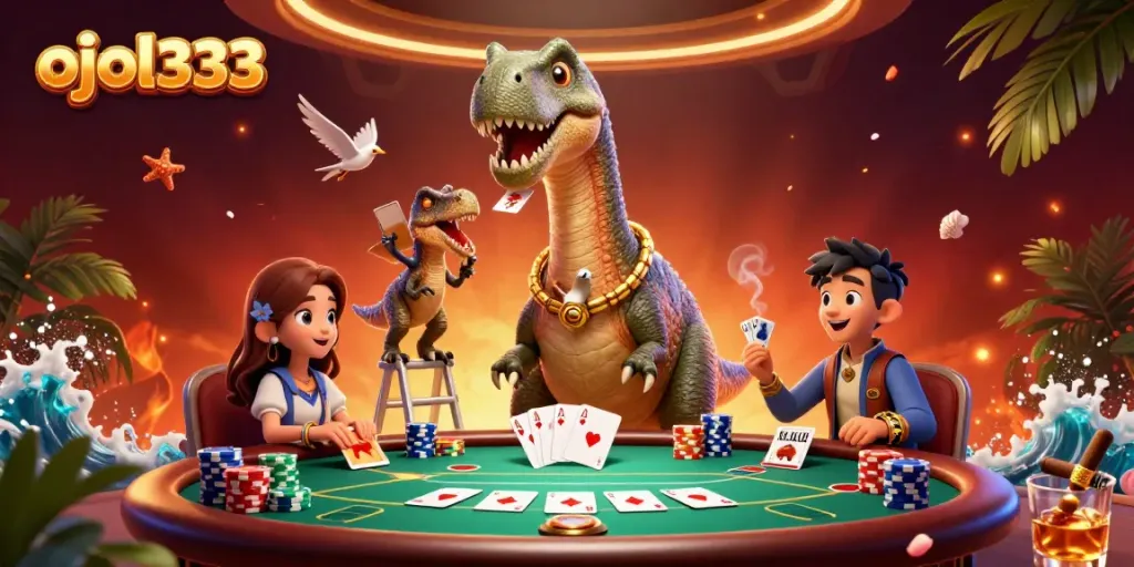 Engage with ojol333 as a massive brontosaurus overlooks a lively poker game.