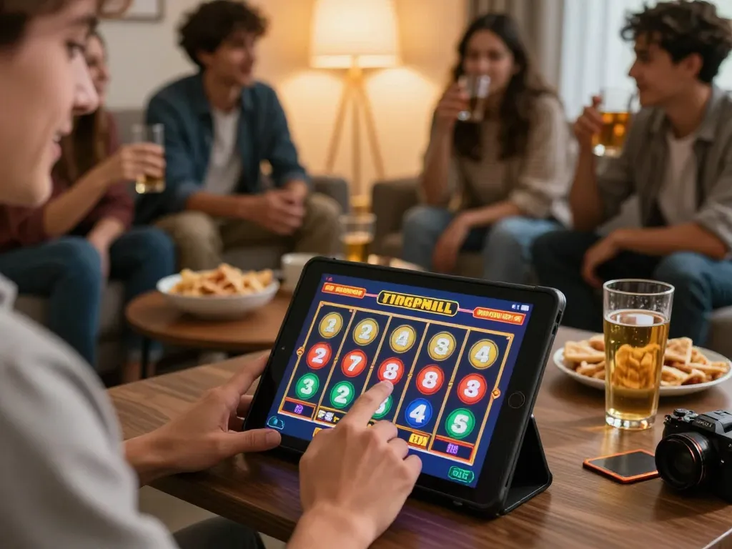 Players interacting with situs toto online slots on a tablet during social evening.