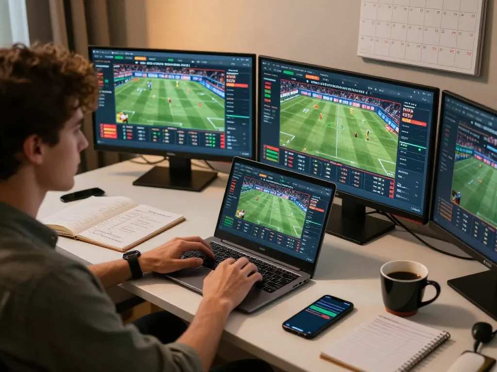 Engage in strategic online betting with casinosscope at home workstation, displaying live sports.