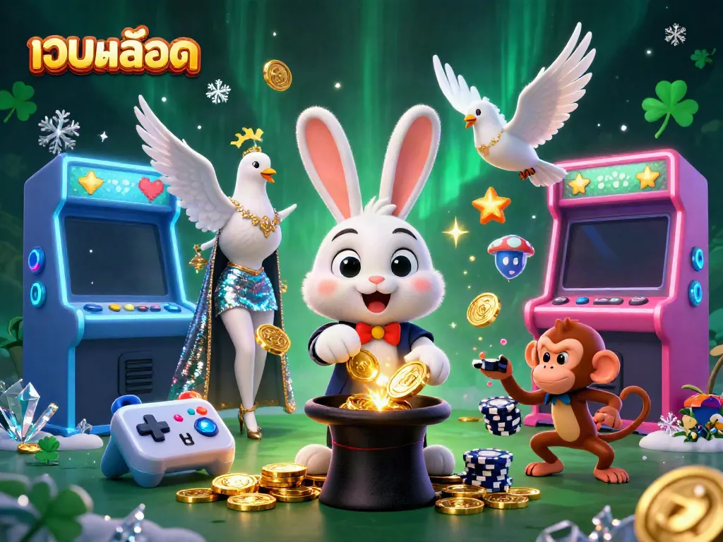Engage in เว็บสล็อต with a lively scene featuring a magician rabbit, a dove, and a monkey amidst casino elements.