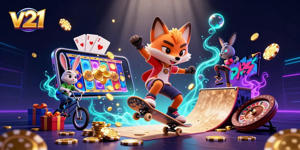 Permainan slot v21 interaktif dengan karakter rubah dan kelinci, mendemonstrasikan aksi menarik dalam suasana kasino.