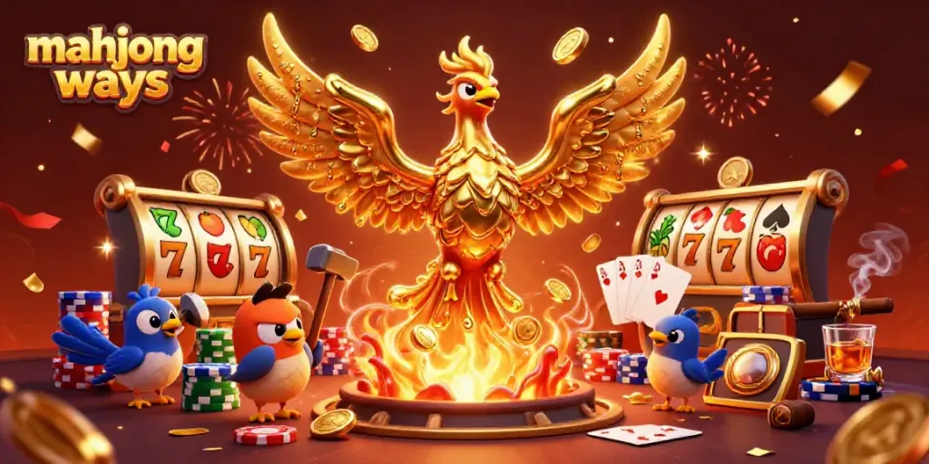 Menangkan jackpot di mahjong ways dengan phoenix emas yang mengeluarkan koin, dikelilingi slot dan chip poker.