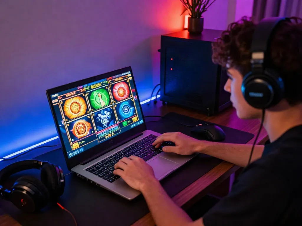 Pengalaman bermain situs slot gacor dengan pemain terlibat dalam permainan slot online, di lingkungan nyaman dengan aksesori gaming.