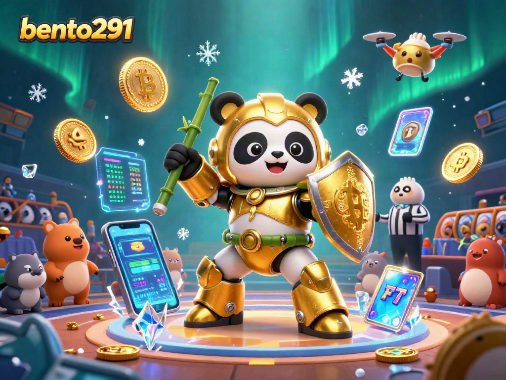 Engage in thrilling gaming with bento291's dynamic arena featuring crypto coins and a golden panda.