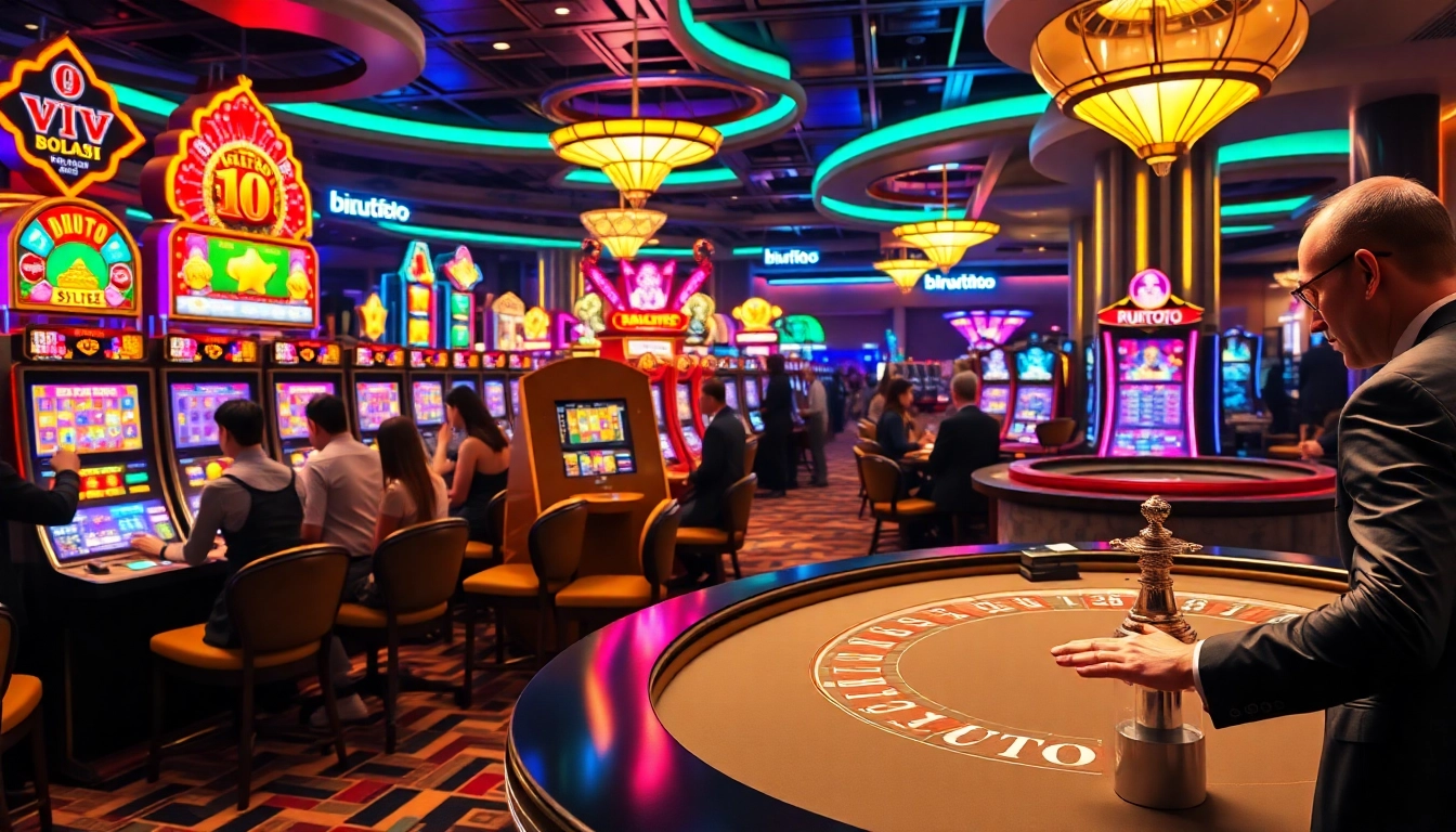 Experience the thrill of birutoto as players engage with vibrant slot machines and thrilling table games in a luxurious casino setting.