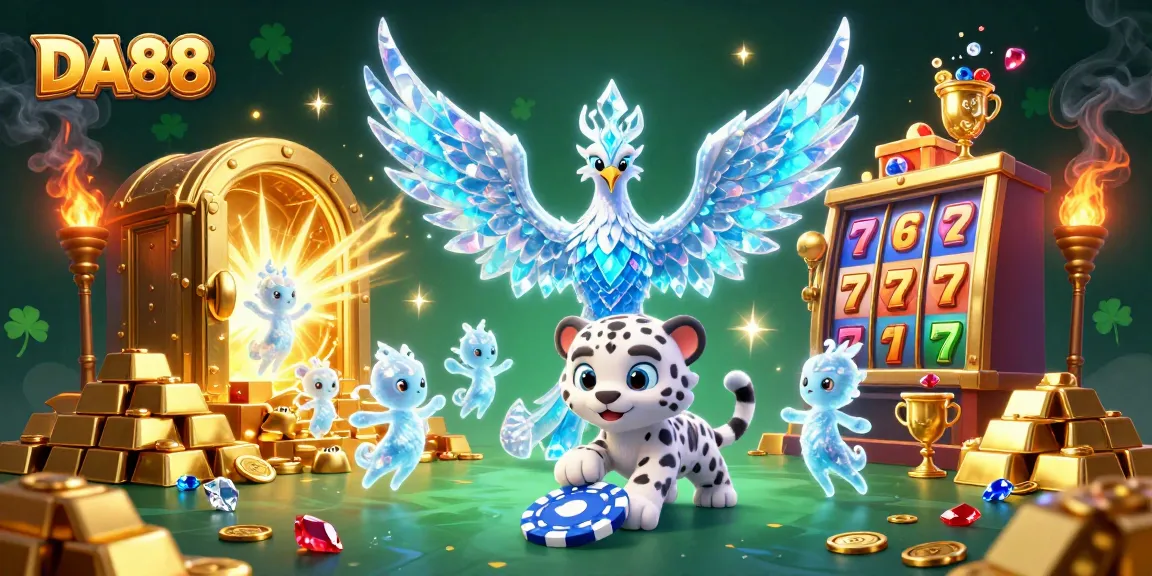 Bet on winning strategies with an exciting DA88 gaming scene, featuring a vibrant ice phoenix and lucky 7s.
