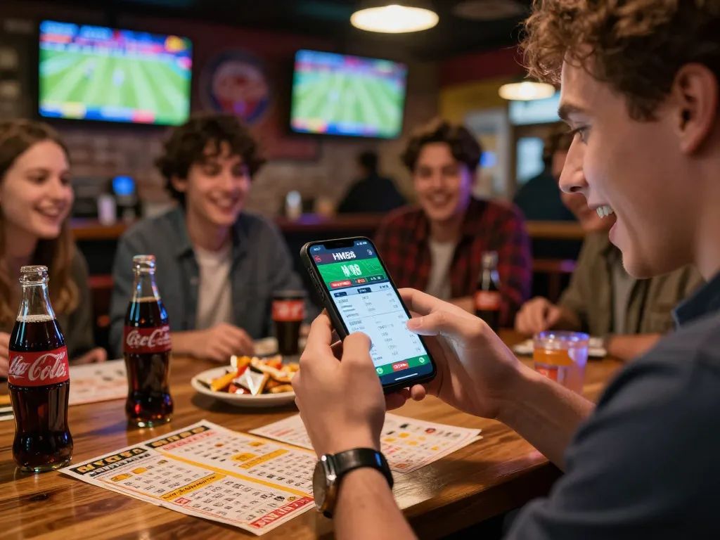 Excited player using the HM88 app for sports betting during a live event with friends.