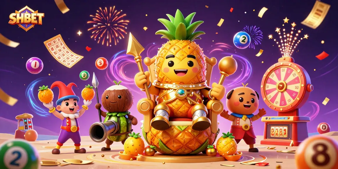 Experience thrilling wins with the vibrant SHBET game scene featuring a golden pineapple king and exciting casino elements.