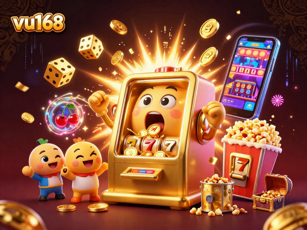 Experience the excitement of winning with vu168's vibrant 3D casino illustration showcasing a jackpot celebration.