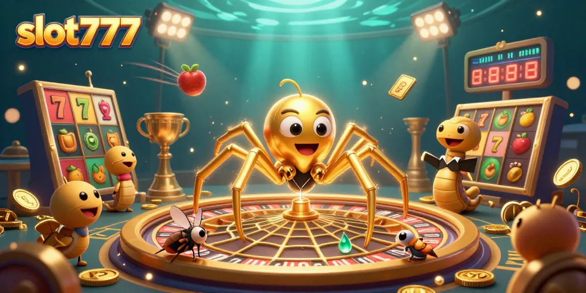 Win jackpots at slot777 with a golden spider and centipede croupier in a vibrant casino scene.