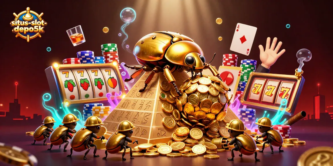 Win big on situs-slot-depo5k with golden beetles transporting jackpot coins in a vibrant casino atmosphere.