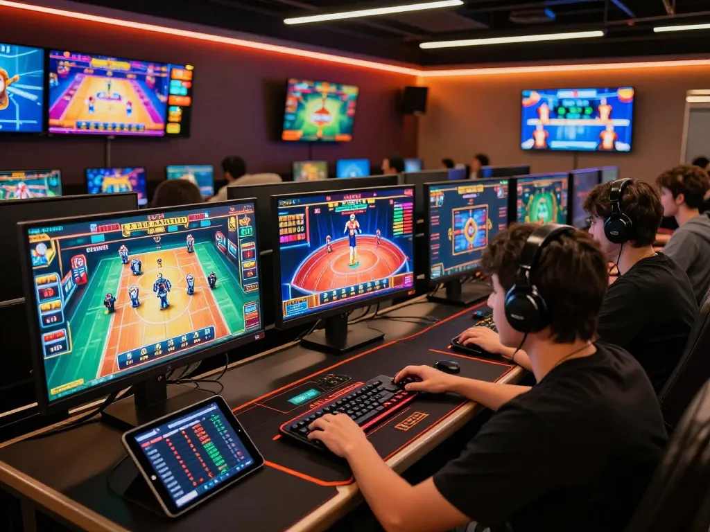 Nohu90 gamer engaged in multiple live casino games at home desktop setup with vibrant screens.