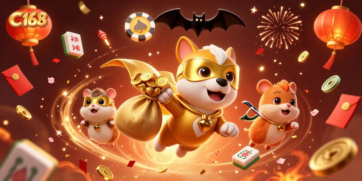 Experience thrilling action at C168 with a superhero dog and hamster amidst vibrant casino elements.