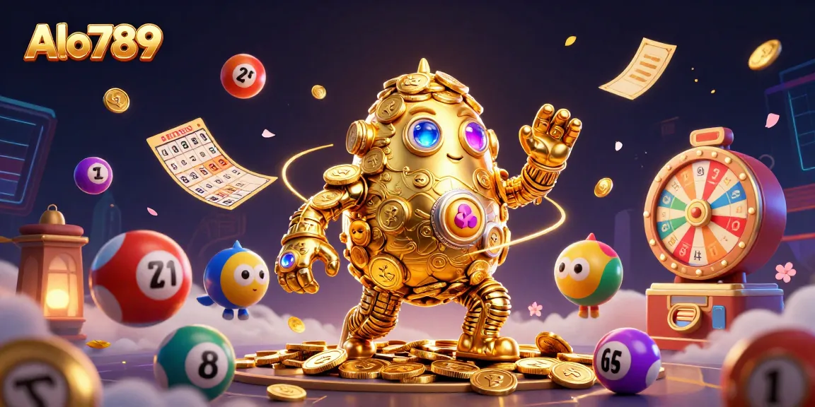 Alo789 celebrates with a vibrant carnival scene featuring a golden golem and colorful lottery elements