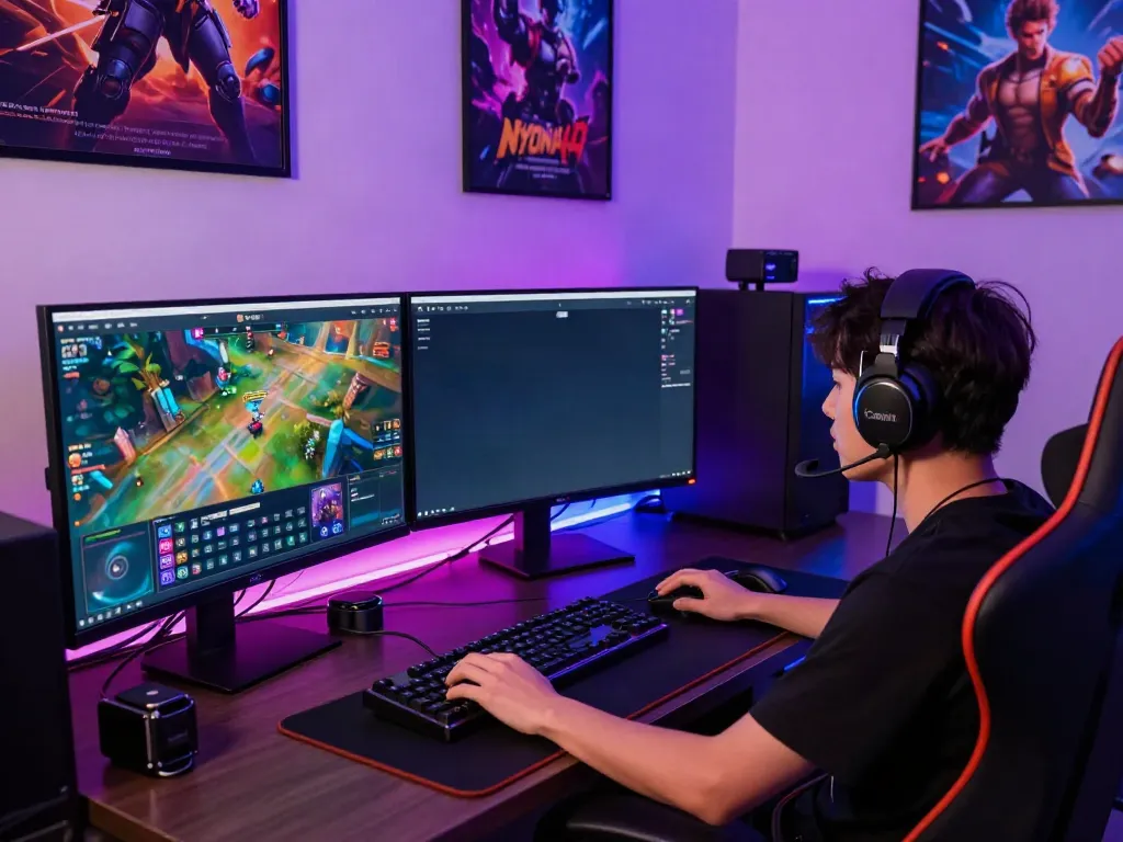Gamer fokus menggunakan platform nyonya4d dengan aksesori gaming modern di ruang permainan yang dinamis.