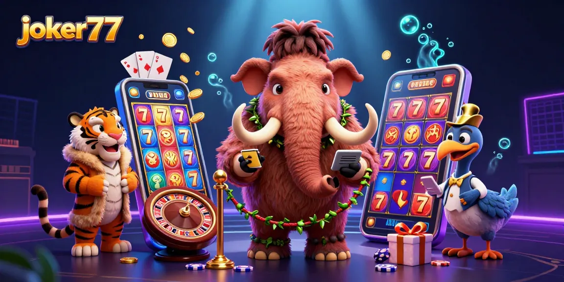 Experience fun with joker77 at a vibrant casino scene featuring lively characters and gaming elements.