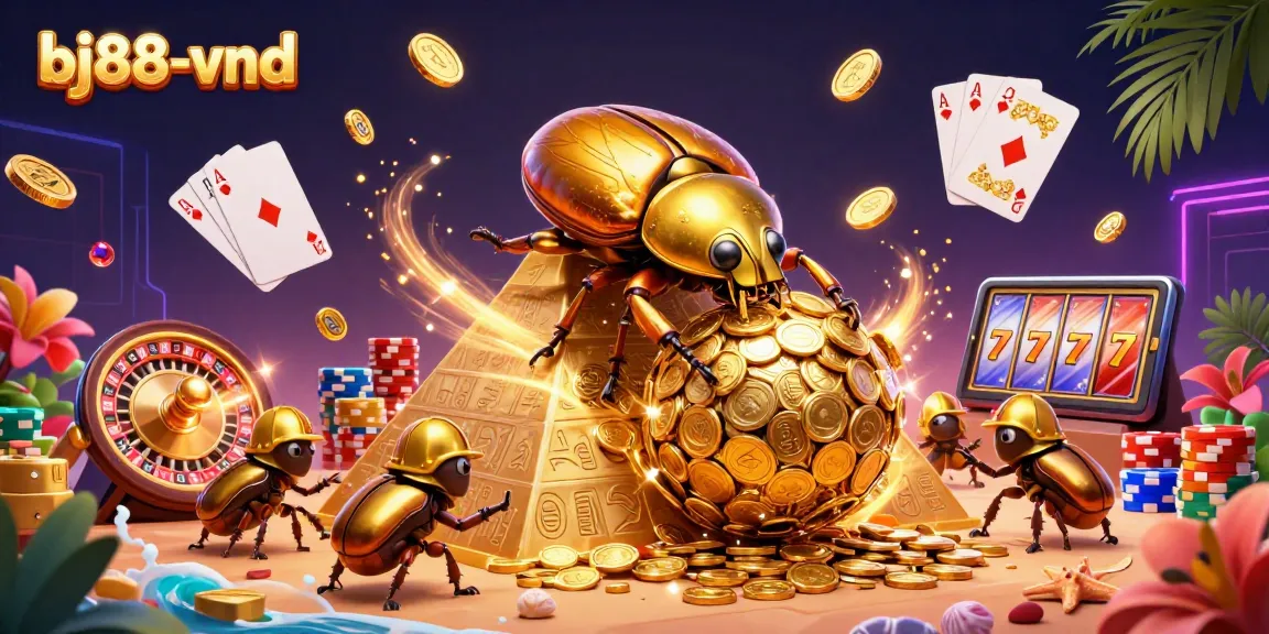 Engage with the vibrant atmosphere of bj88-vnd casino, showcasing 3D cartoon characters amidst golden coins and gaming elements.