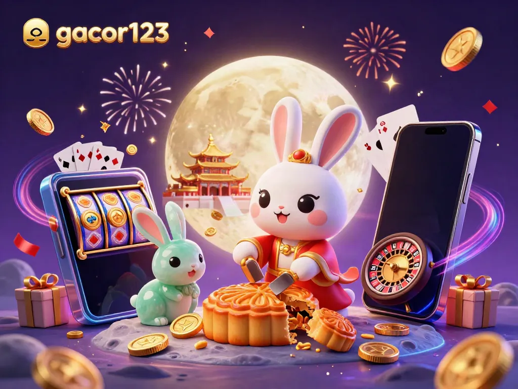 Engage with gacor123 gameplay featuring a lunar-themed scene with a moon rabbit and slot games.