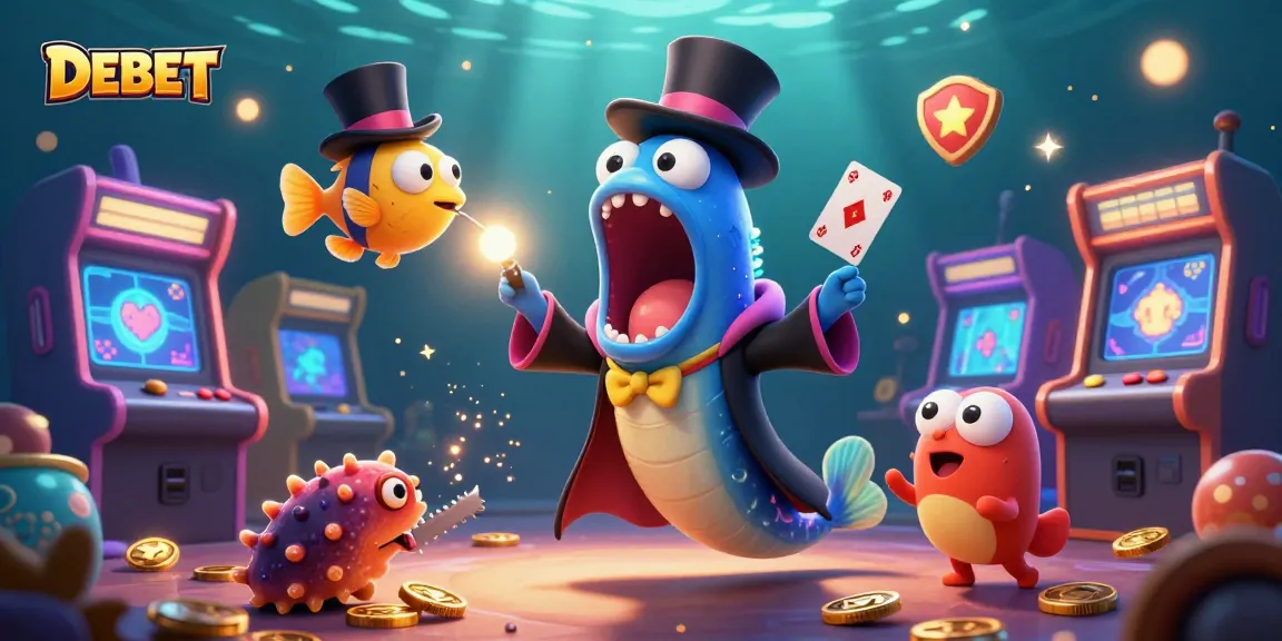 Experience the excitement of DEBET with a 3D eel magician performing thrilling card tricks amid vibrant casino elements.
