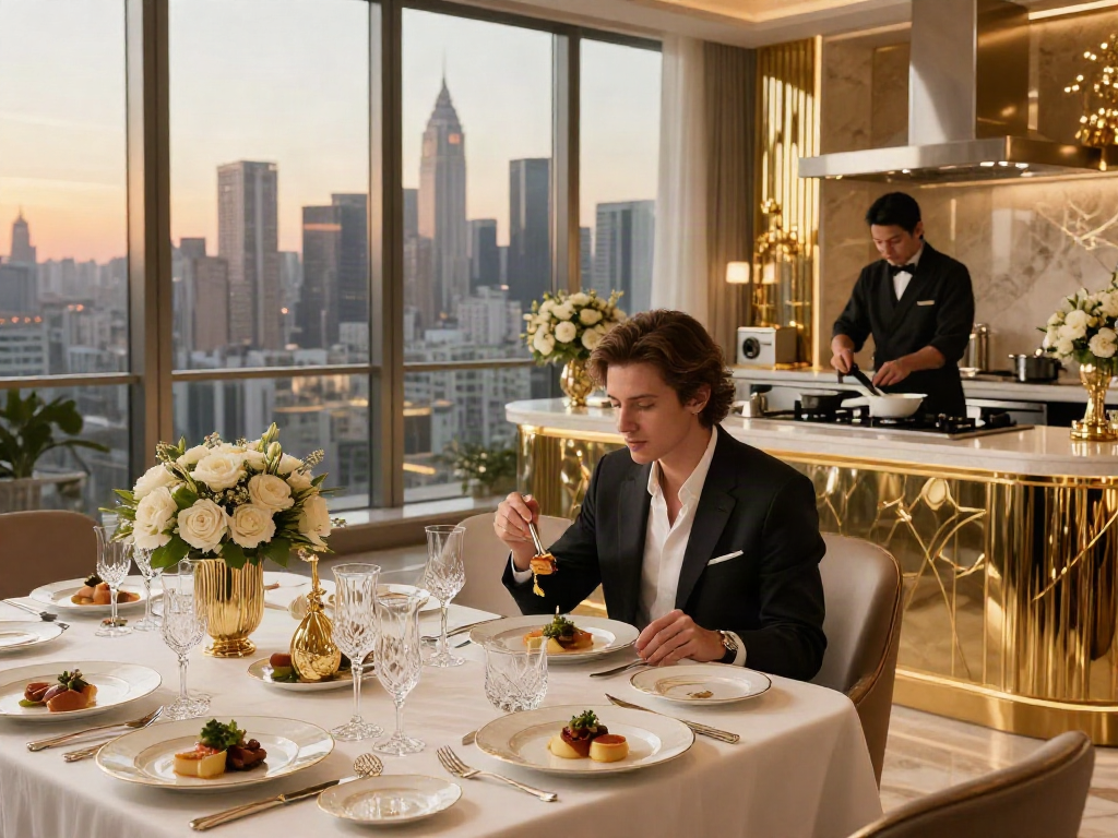 Gaya hidup mewah dengan seseorang menikmati hidangan gourmet di meja makan elegan, mewakili luxury111.