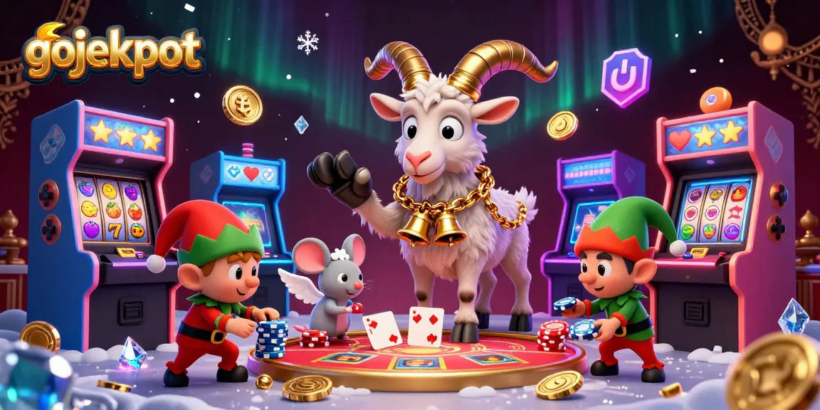 Engage with gojekpot in this festive casino illustration featuring Krampus, playful elven gremlins, and vibrant slot reels.